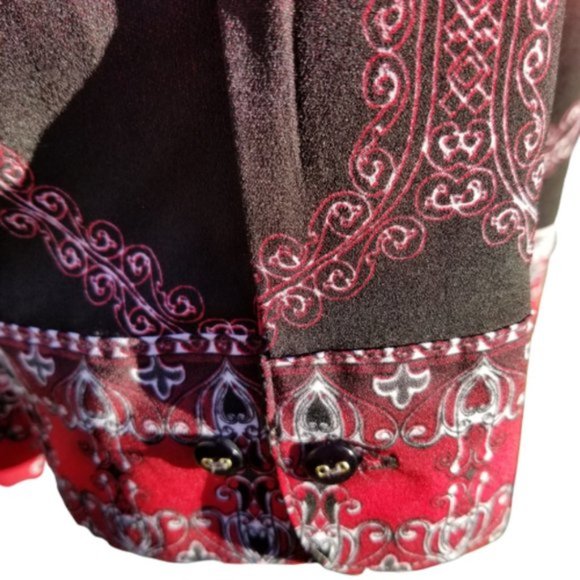 Alia Boho Tunic Shirt Geometric Print Button Up Long Sleeves Red Black Size 10 - Picture 6 of 12